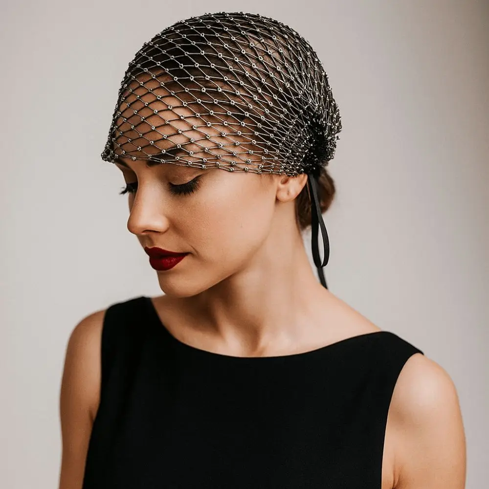 

European American Style Fishing Net Headcover Hollow Out Adjustable Rhinestone Face Veil Sparkling Elastic Bridal Headwear