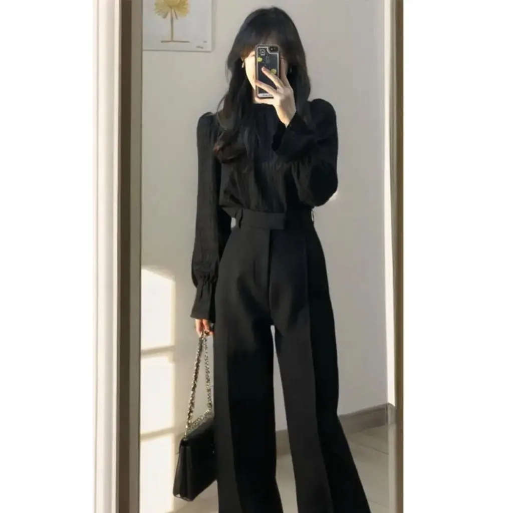 

Женская ранняя осень, модная элитная черная рубашка и брюки, комплект из двух предметов, горячий и крутой стиль, новый наряд