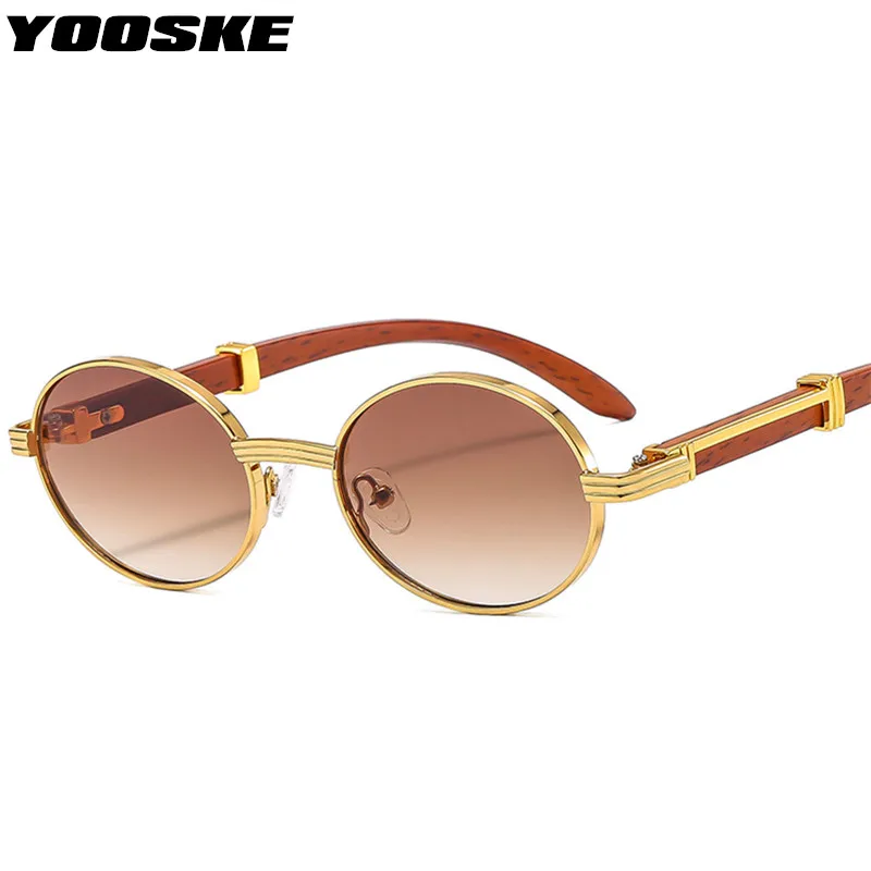 YOOSKE Imitation Wood Grain Sunglasses Women Men Vintage Oval Sun Glasses Ladies Luxury Brand Designer Gradient Black Eyewear