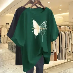 Summer Fashion Hand-Painted Bufferfly Print Basic T-shirts Women Casual Loose O-neck Short Sleeve Top Tee Pure Cotton Pullovers