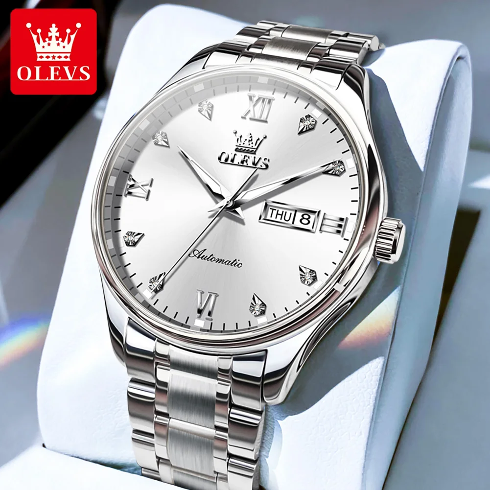 OLEVS Classic Automatic Watch for Men Dual Calendar Simple Diamond Dial Stainless steel Luminous Waterproof Mechanical Watch