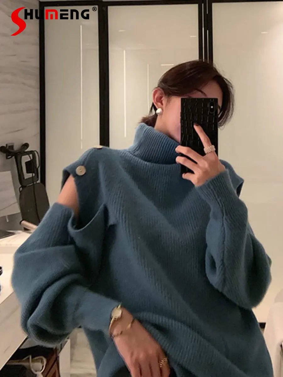 

Sexy Off-Shoulder Turtleneck Sweater Pullover Women Thick Loose Lazy Hollow Out Knitted Sweater Top Autumn Winter New Clothes