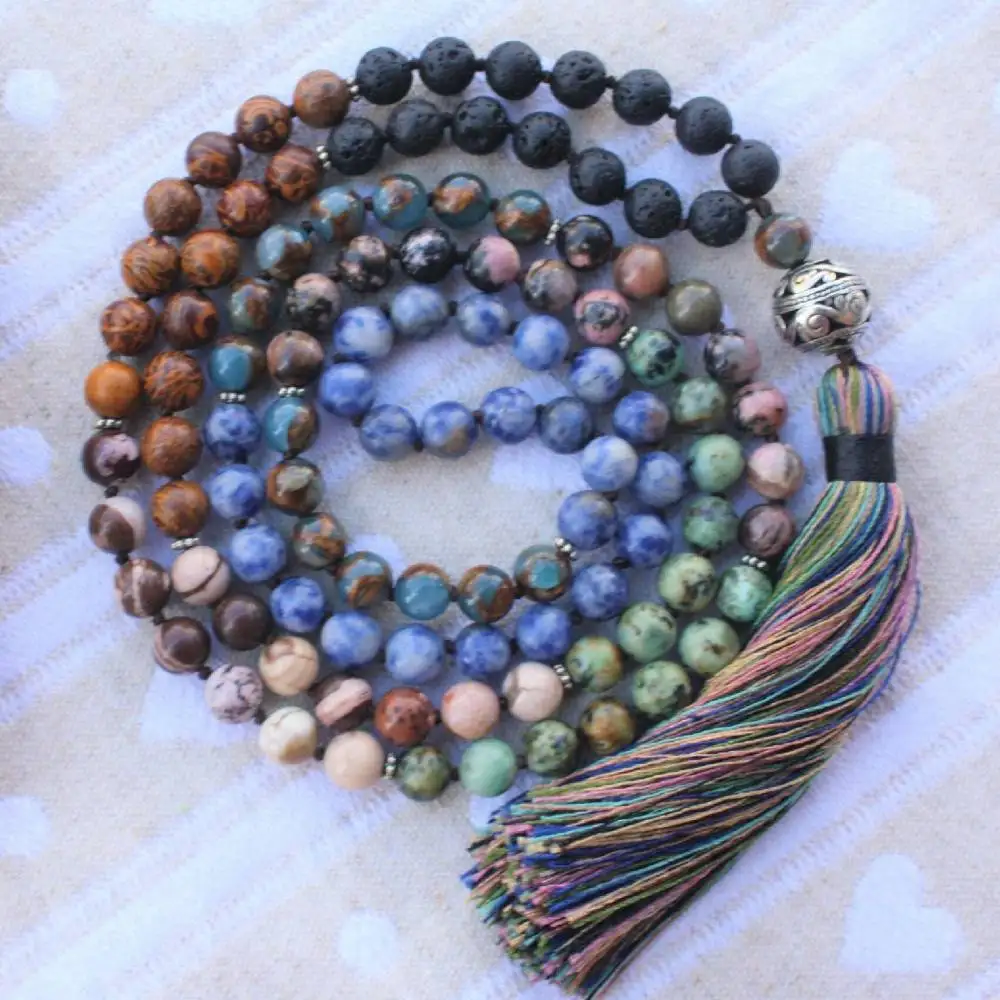 

Natural 7 Chakra Multi-Gemstone & Lava Rock 108 Mala Beads Necklace with Silver Pendant Balance & Healing Crystal Jewelry