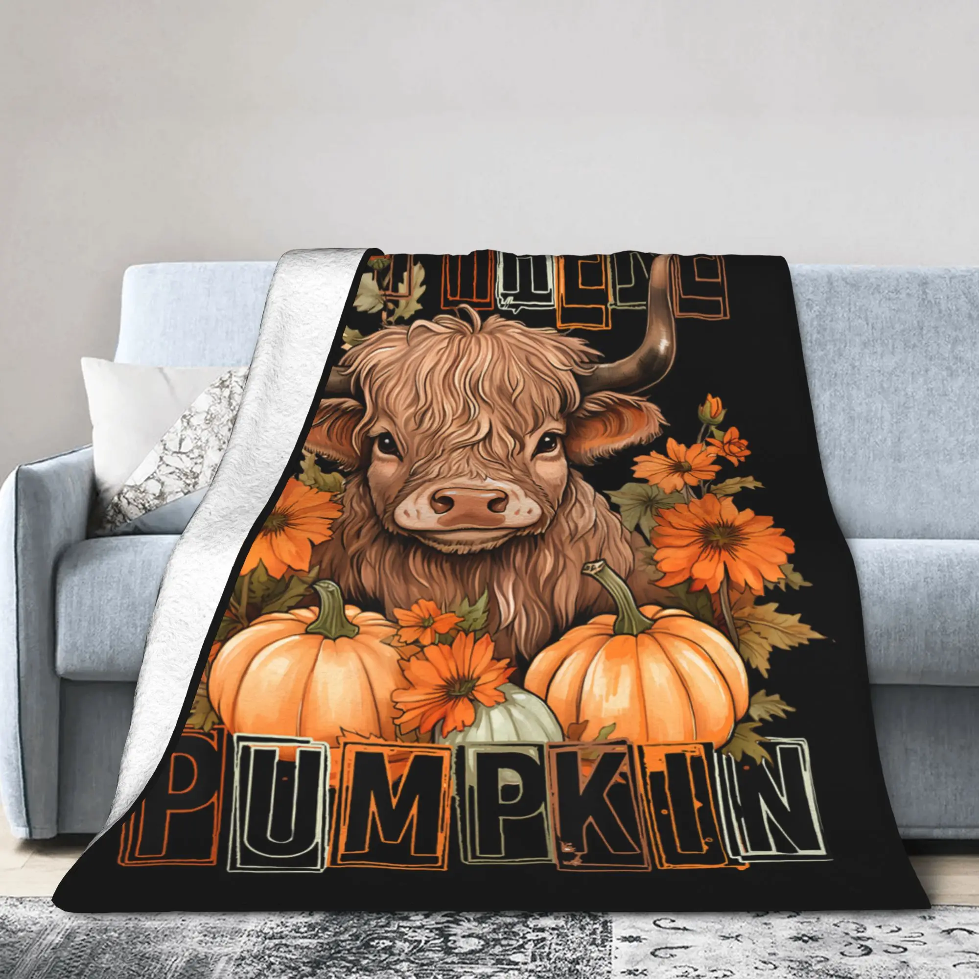 Pumpkin Fall Halloween  Knitted Blankets Fleece Highland Cow Thanksgiving Lightweight Throw Blankets for Bedroom Sofa Bed Rug