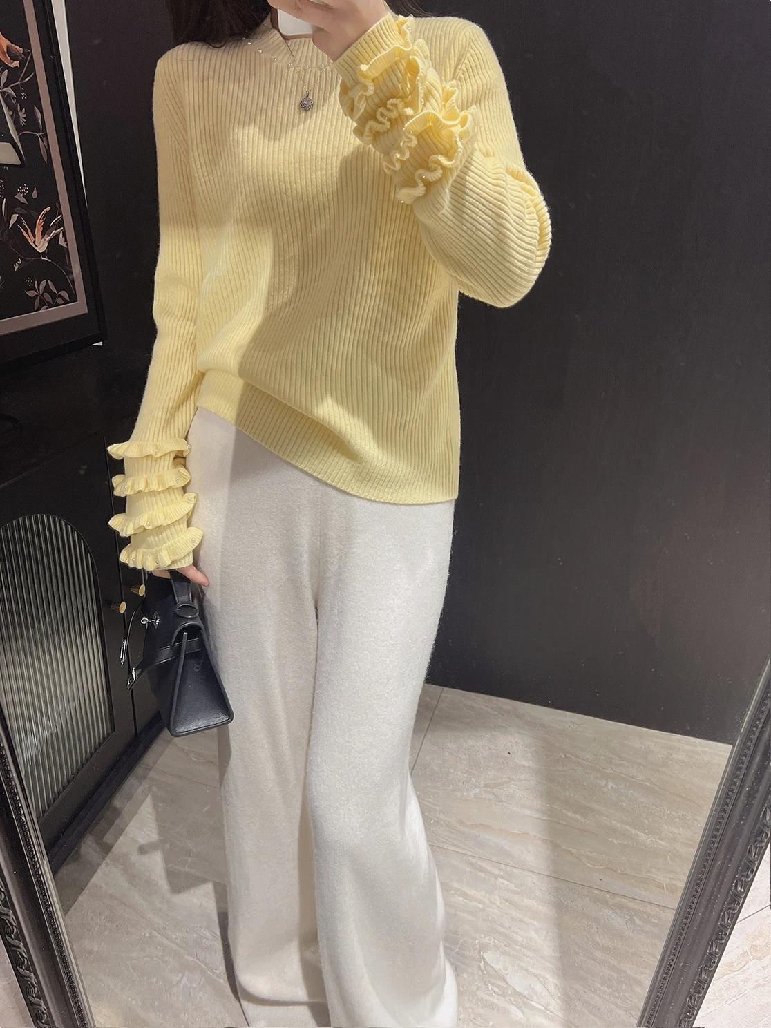 

Утепленный шерстяной вязаный свитер для женщин, базовый слой, с жемчужным декором, повседневный элегантный дизайн