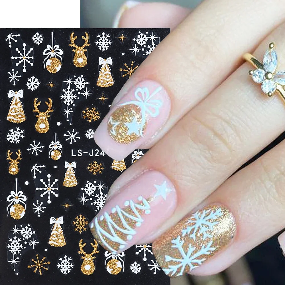 3D Reflective Christmas Nail Art Stickers Gold Elk Bells Snowflake Lanterns Nail Sliders Stripe Manicure Decor Wraps LEBLS-J24