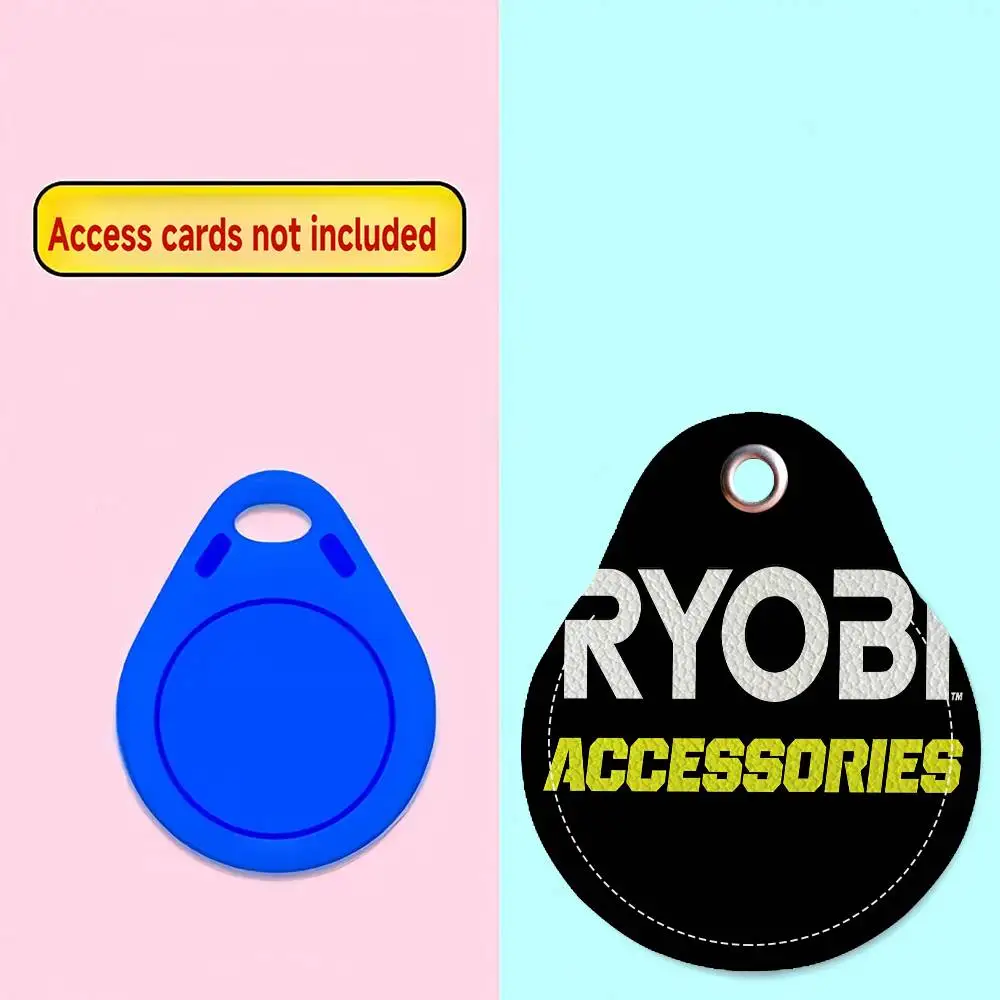 Brelok z logo marki Ryobi, etui na karty dostępu, zawieszka do kluczy, skórzany brelok na karty, breloczek do kluczy, brelok do zamków drzwiowych, identyfikatory dostępu.