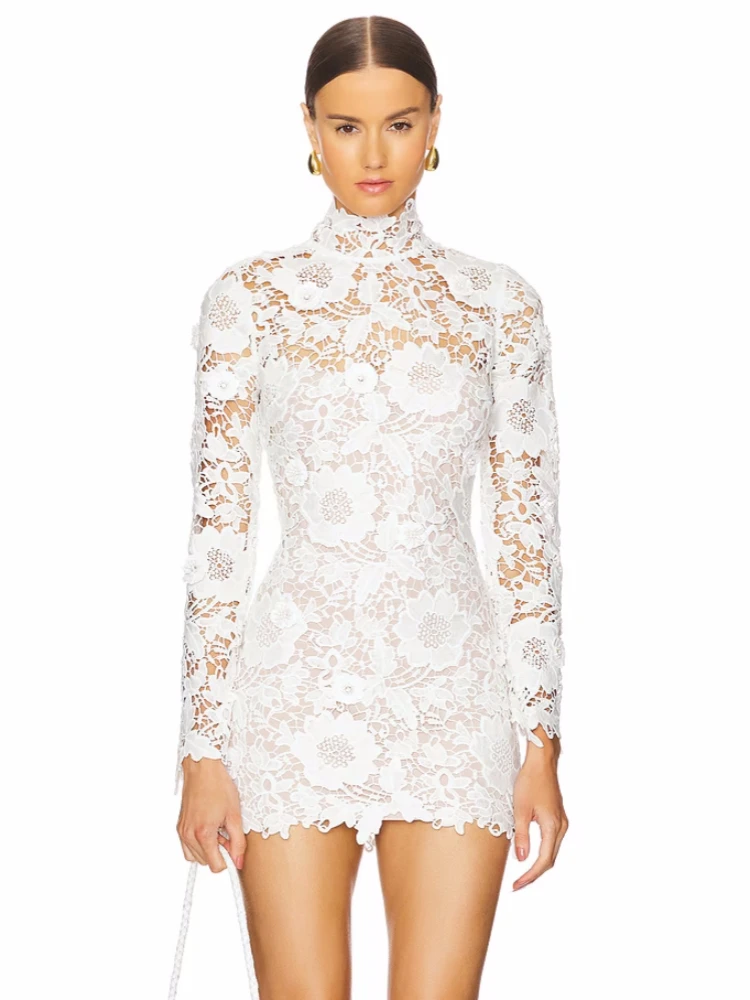 Sexy Turtleneck Long Sleeve Lace Flower Mini Dress Women White Floral Slim Dresses Elegant Evening Party Cocktail Gowns