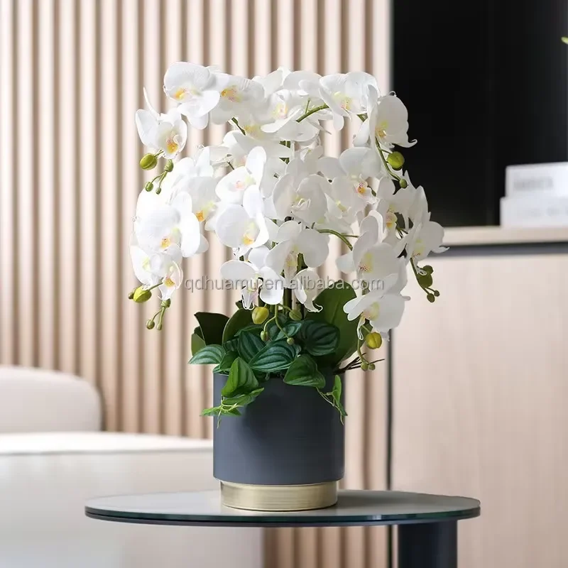 Modern Artificial Orchid in Pot Durable Fake Flower Arrangement for Home Decor Living Room Centerpiece Elegant Faux Plant