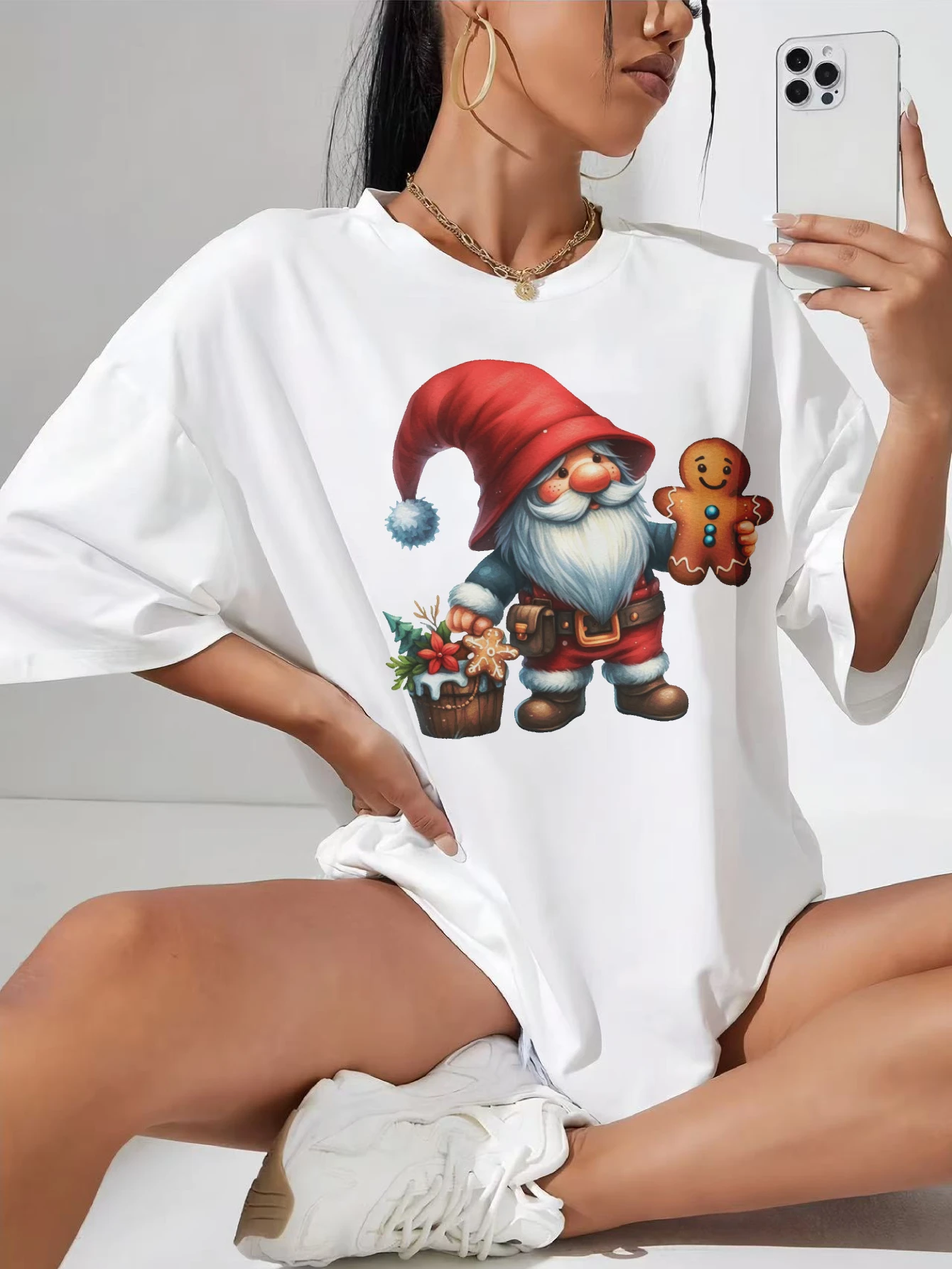 

Cute Christmas Gnome Sublimation Bundle Cozy White Cotton T-Shirt for Plus Size Women Perfect for Winter Christmas Casual Wear