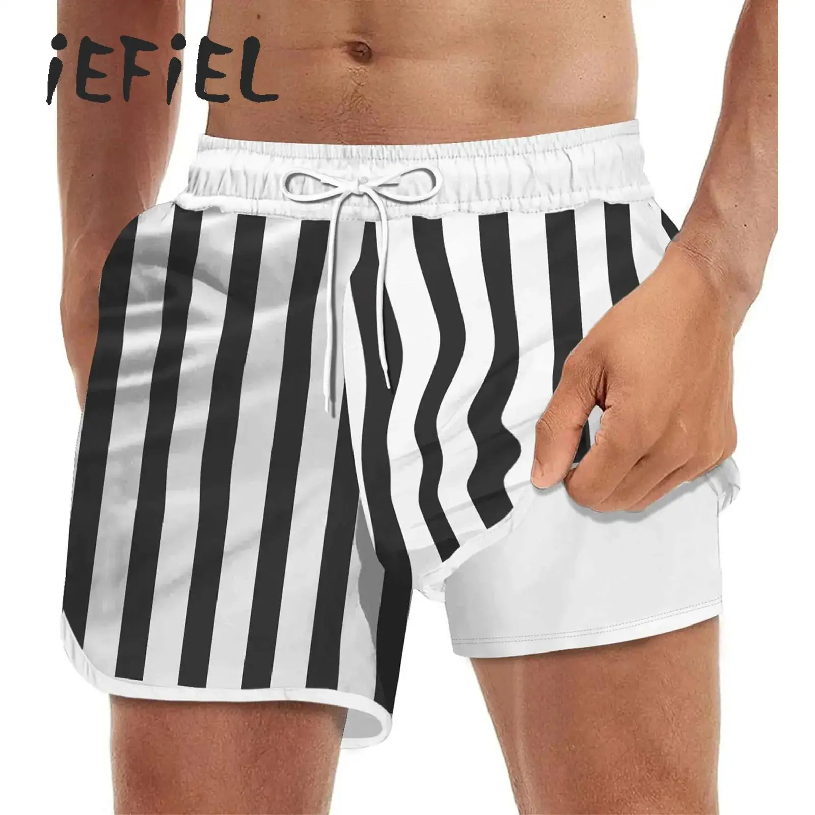 

Men's Swimming Trunks with Compression Liner 2 in 1 Swimming Shorts Striped Elastic Waistband Drawstrings Sports Beach Shorts