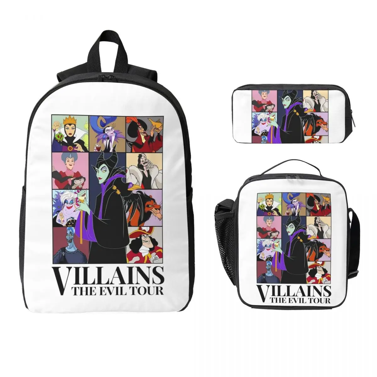 

Рюкзак Disney Villains Challenge, студенческая сумка для книг для мальчиков и девочек, школьная сумка, сумки на плечо для ноутбука, изолированная сумка для обеда 3 шт., пенал