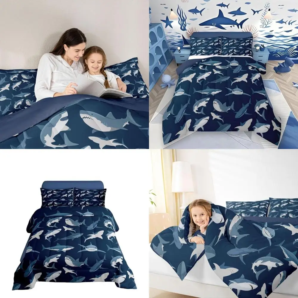 

Комплект постельного белья с изображением акулы на океанской тематике для детей и подростков, темно-синий размер королевы, подводное одеяло с морской жизнью