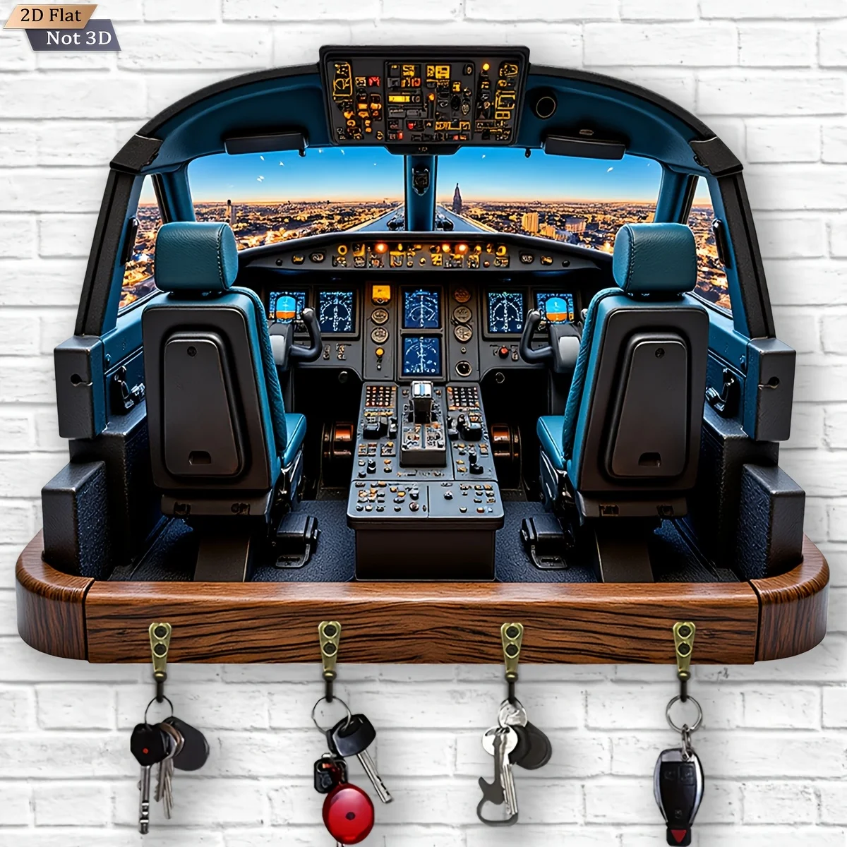 2D Flat, 1pc, Airplane Cockpit Theme Key Hook Wooden Multifunctional Home Key Holder with 4 Metal Hooks, Wall Decoration, Porch