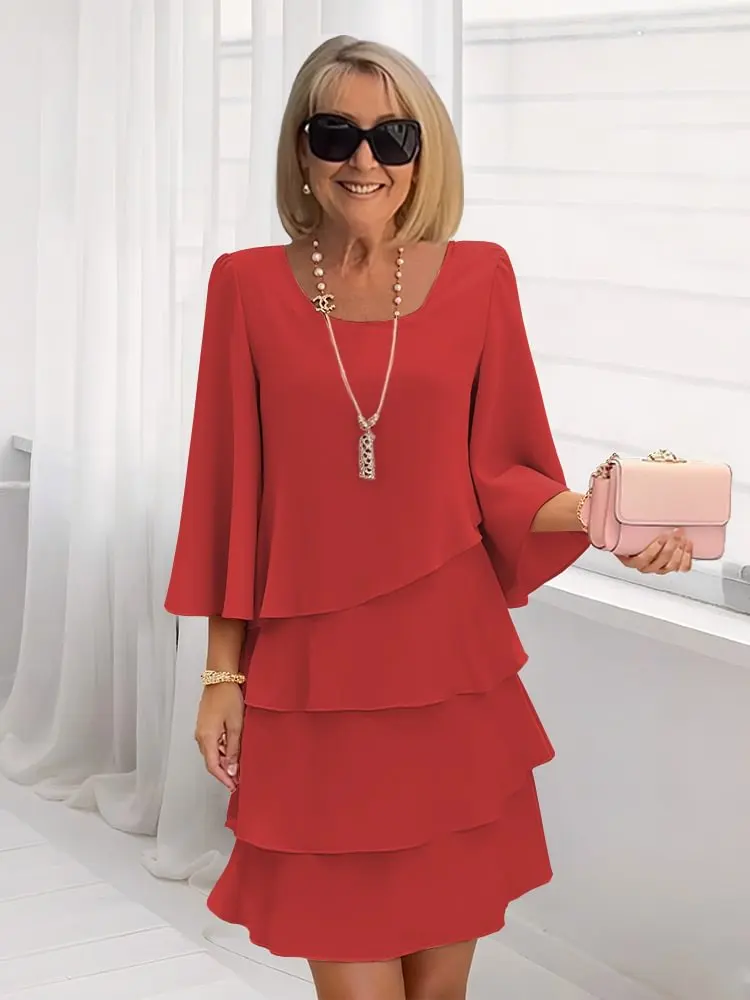 

Women's Fashion Cake Skirt 3/4 Bell Sleeve Crewneck Tiered Layered Flowy Dress Party Wedding Outfits