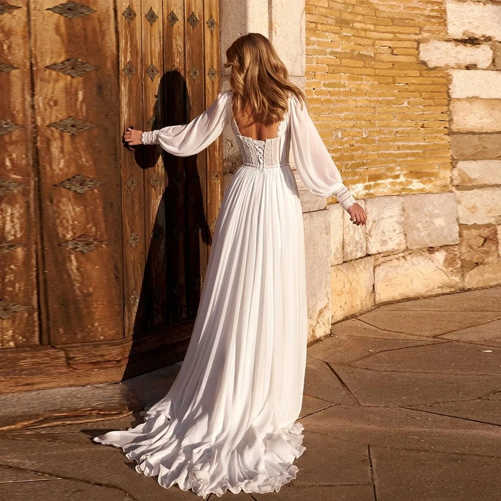 Ivory Wedding Dresses Side Slit Bridal Gowns Court Train Full Sleeve New Vestido De Novia Soft Tulle Robe De Summer