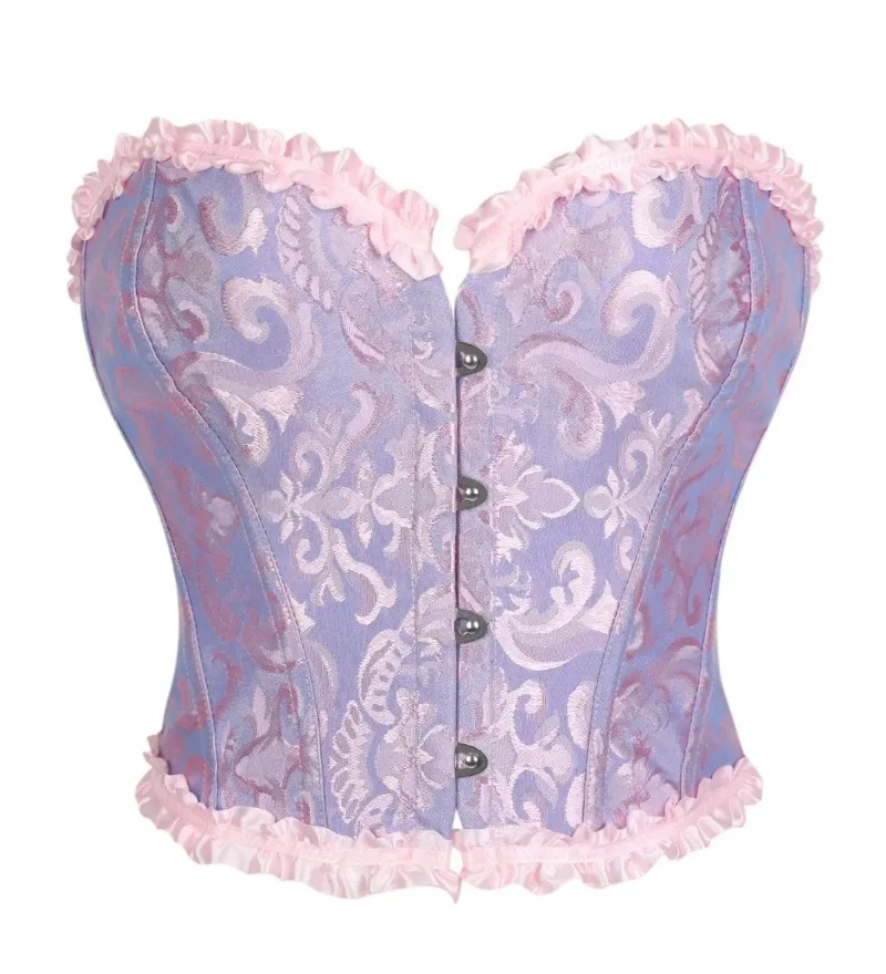

Vintage Purple Damask Jacquard Corset Sweetheart Neck Pink Frill Edge Front Hook Waist Trainer Party Top
