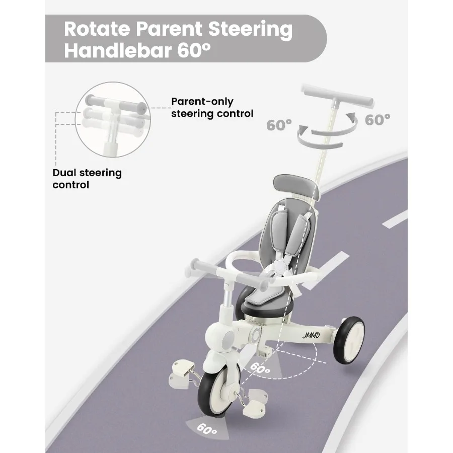 Triciclo para bebês, triciclo infantil multifuncional 7 em 1 com alça ajustável para pais, arnês de segurança e freios de rodas, dossel removível
