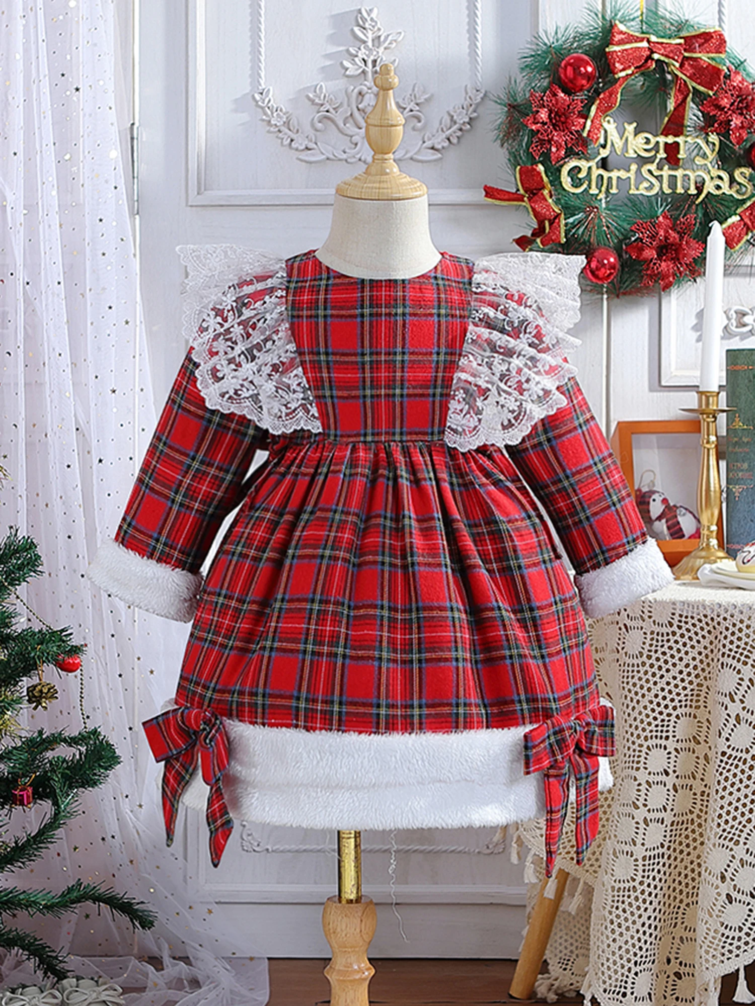 

Girls Christmas Plaid Dress with Lace Detailing and Flutter Sleeves Long Sleeve Fall Fashion Princess Dress for Casual Wear