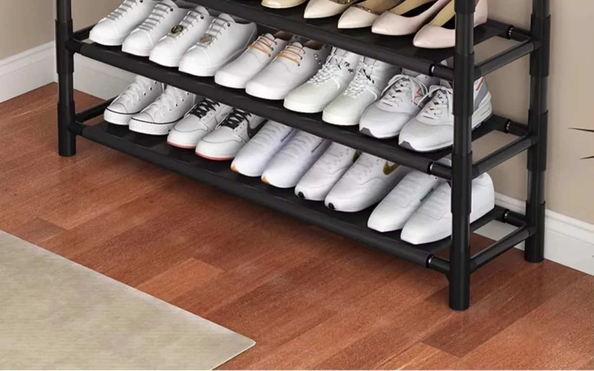 Mehrstöckiges Metallregal für den Eingangsbereich mit 8 Haken zur Aufbewahrung von Schuhen, Mänteln, Hüten und Accessoires – Detail 8