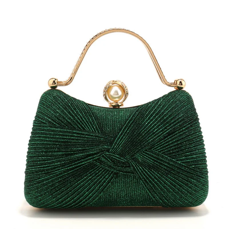 Bow Design Ruched Fashion Women Evening Bags Pink Color Sequined Glitter Metal Pearl Handbags Banquet Lady Wedding Bridal Purse