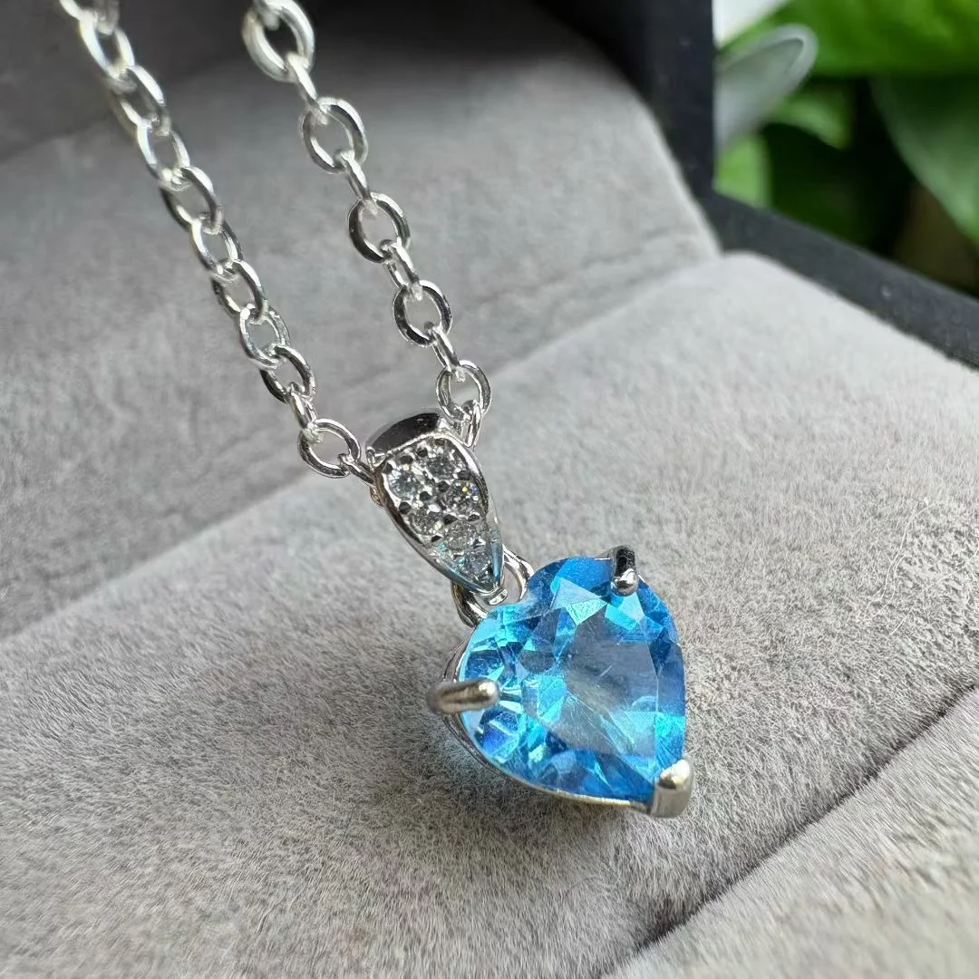 

1 Pc Fengbaowu Natural Blue Topaz Heart Pendant 7MM Heart 925 Sterling Silver Reiki Healing Stone Jewelry Gift For Women