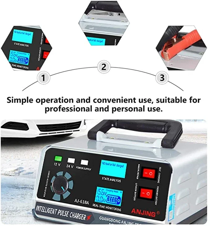 ANJING 12V 24V 400W Caricabatteria per auto Alimentazione di ricarica Riparazione a cinque stadi Ricarica rapida Caricatore per auto automatico ad alta potenza invernale