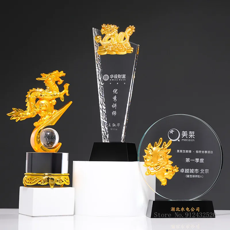 Imagem -03 - Troféu de Cristal em Forma de Dragão Personalizado Prêmios Reunião Anual Excelente Lembranças de Empregado Decoração de Casa Artesanato Lettering Medalha 1pc