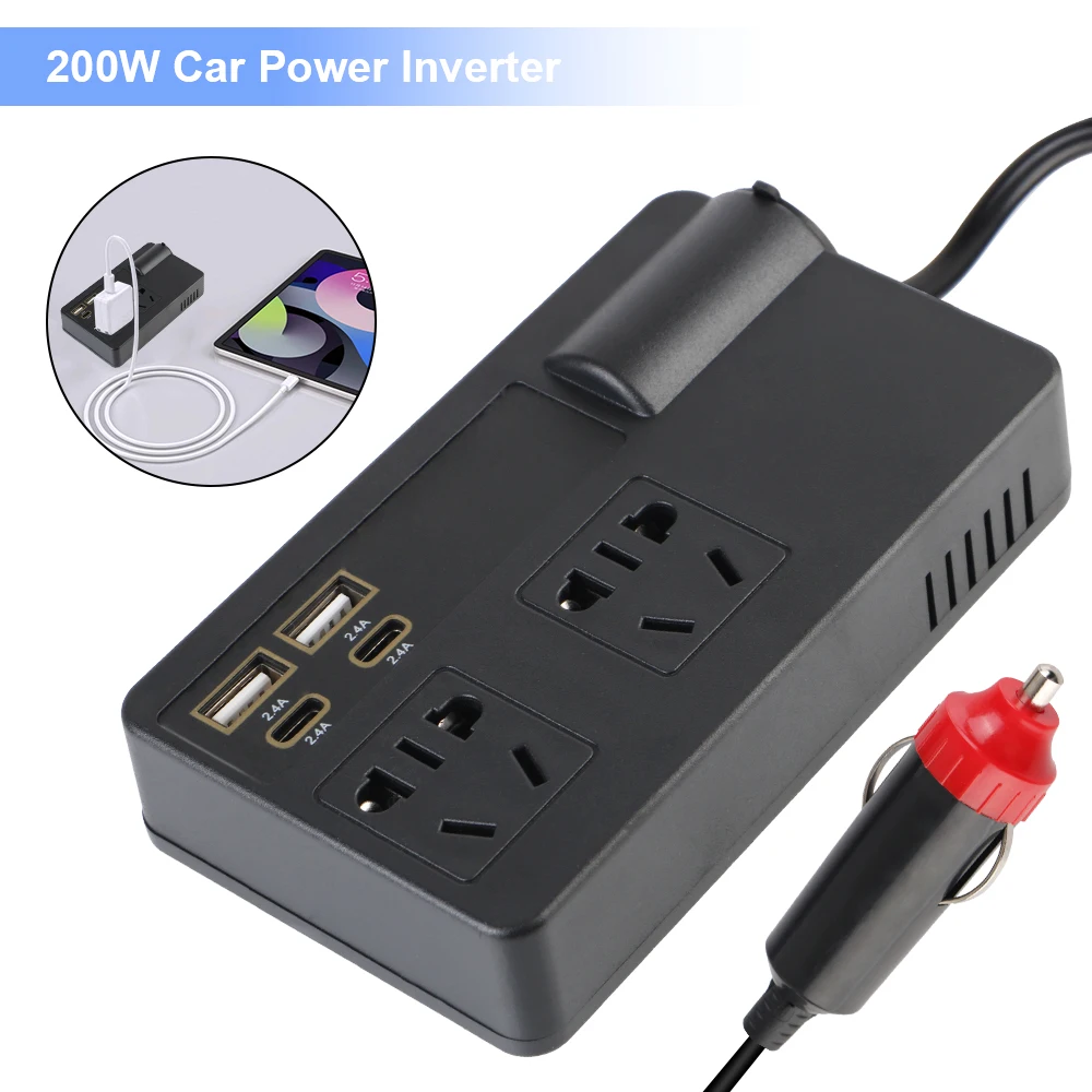 

QC 3.0 Car Inverter Voltage Detection 200W ON/OFF Switch USB/PD/Type-C Chargers DC 12V/24V to AC 220V Converter Power Adapter