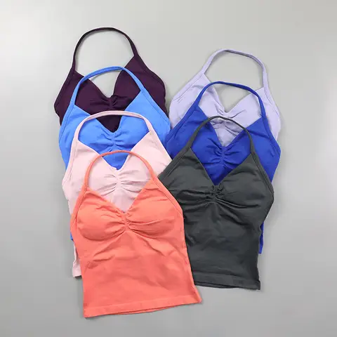 V-Neck Longline Strappy Top Women Seamless Yoga Tank Top Ruched Backless Gym Clothes Workout Sleeveless Shirts With Built In Bra