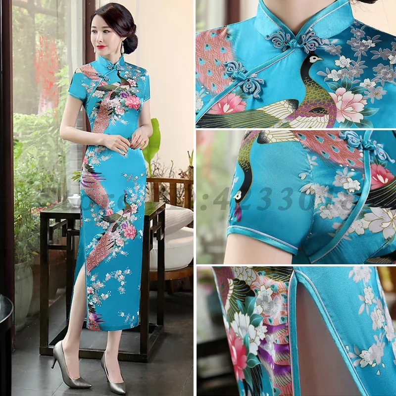 

PLUS SIZE 6XL Cheongsam Spring Summer Improved Qipao Traditional New Chinese Style Dress Satin Vintage Print Flower Vestidos