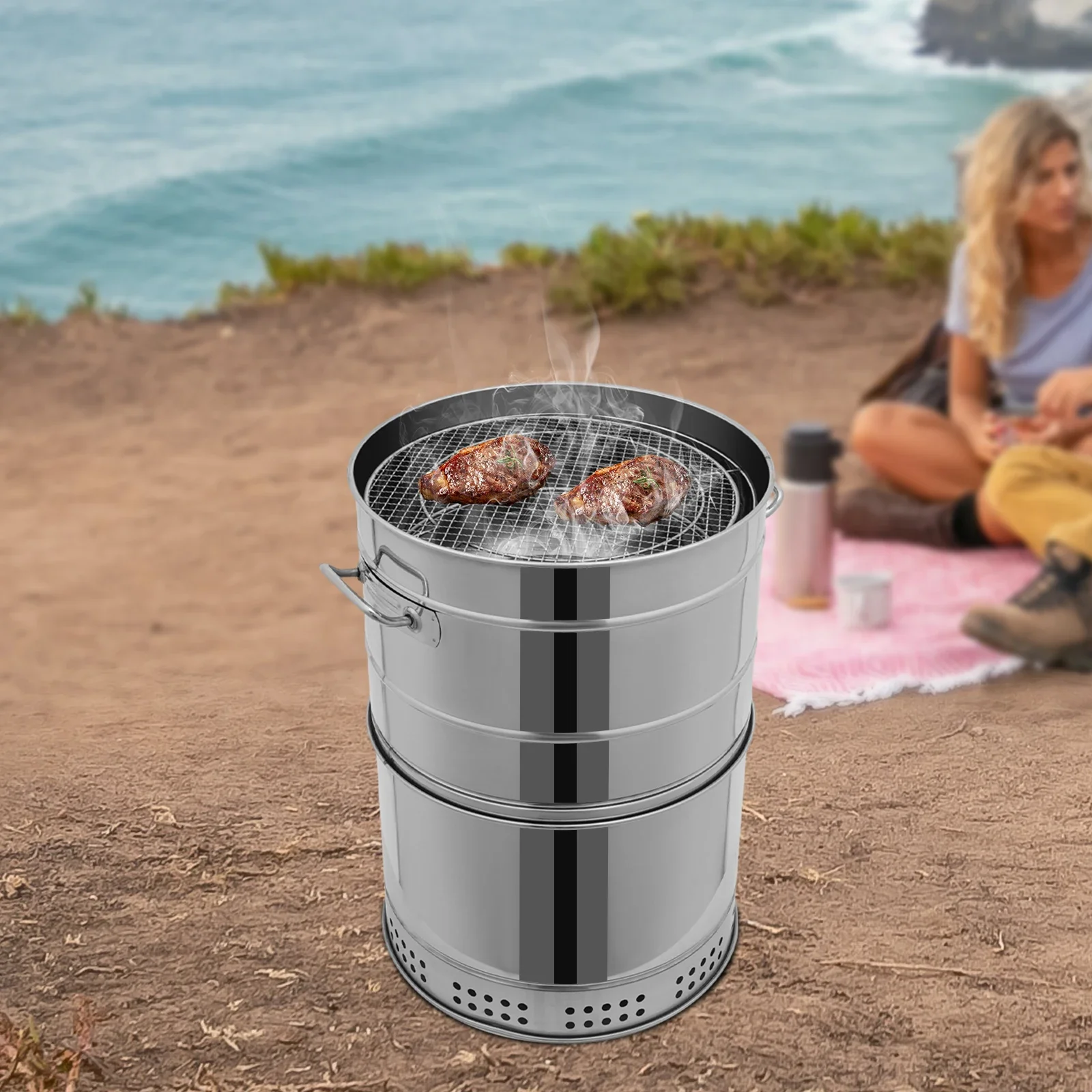 

Stainless Steel 360° All-round Charcoal Barbecue Grill, Portable High-capacity Grill W/ Ash Collection Tray for Ventilated Areas