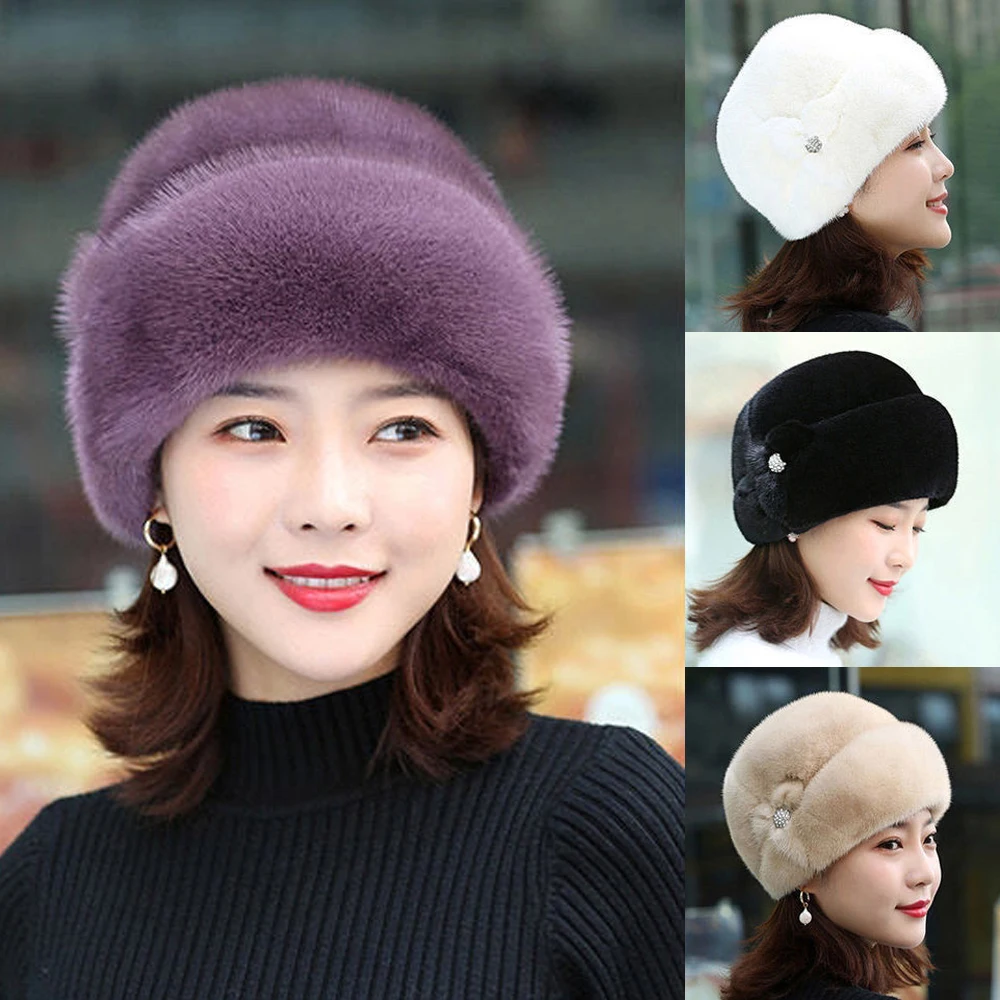 Fashion Mom Hat Thickened Pullover Cap Fur Hats Winter Women Cap Flower Decor Middle-aged Thermal Solid Keep Warm Outdoor Luxury