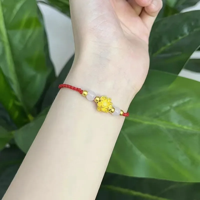 Briex Jewelry High-quality gold 9999 lotus red rope bracelet 24 real golden lotus bracelet women's temperament jewelry