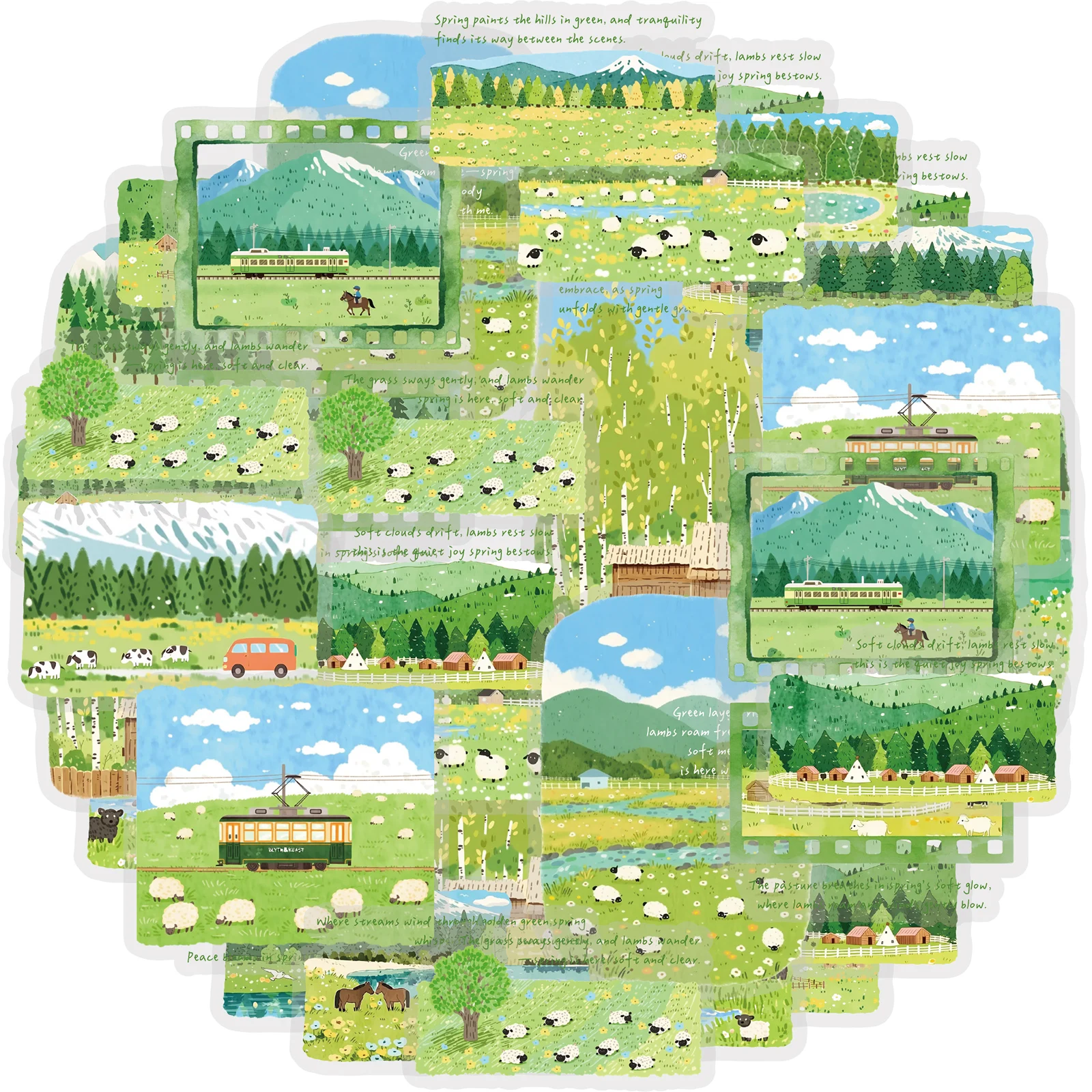 Etori Life 30Pcs Fresh Prairie Scenery Journal Stickers Pastoral Farm Decoration Stickers Suitable for Laptops, Suitcases, Water Bottles, Guitars, Office Decoration Accessories, Handmade Scrapbooking Supplies, DIY Projects, Envelopes and Gift Paper Bags, Label Seals, Rich Colors, Very Perfect Stickers, Pvc, Korean Stationery, Children's Stickers, School Supplies