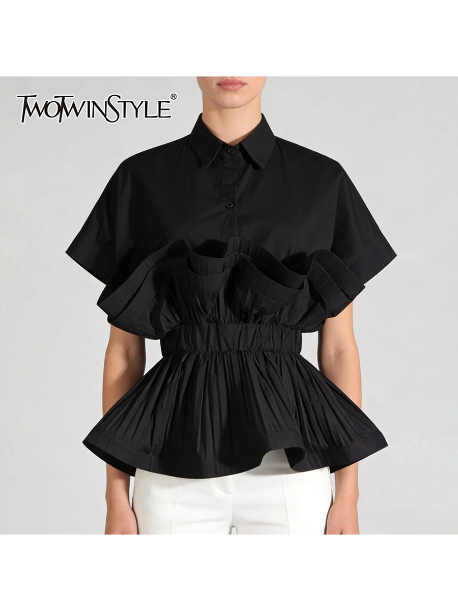 TWOTWINSTYLE Fashion Spliced Ruffles Folds Design Sense Shirt for Women Lapel Short Sleeves Tunic Elegant Shirts Female Clothing