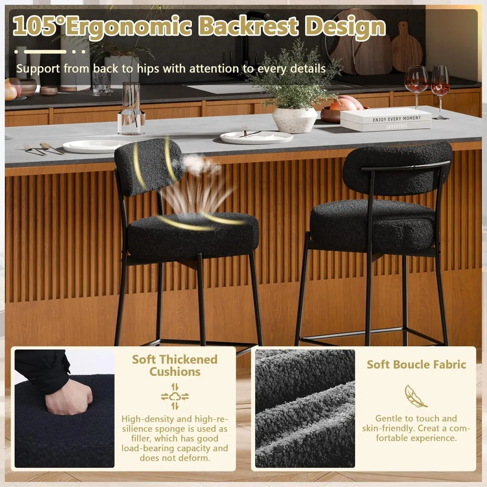 Set di 4 sgabelli da bar moderni da 24 pollici ad altezza bancone con gambe in metallo con schienale curvo, sgabelli da bar imbottiti Boucle