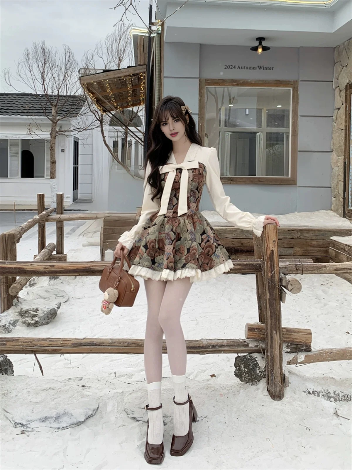 Women Fall Winter Aesthetic Kawaii Girl Bear Print Lolita Mini Dresses Coquette Cutecore Style Gyaru Dress Shoujo Clothes 2024