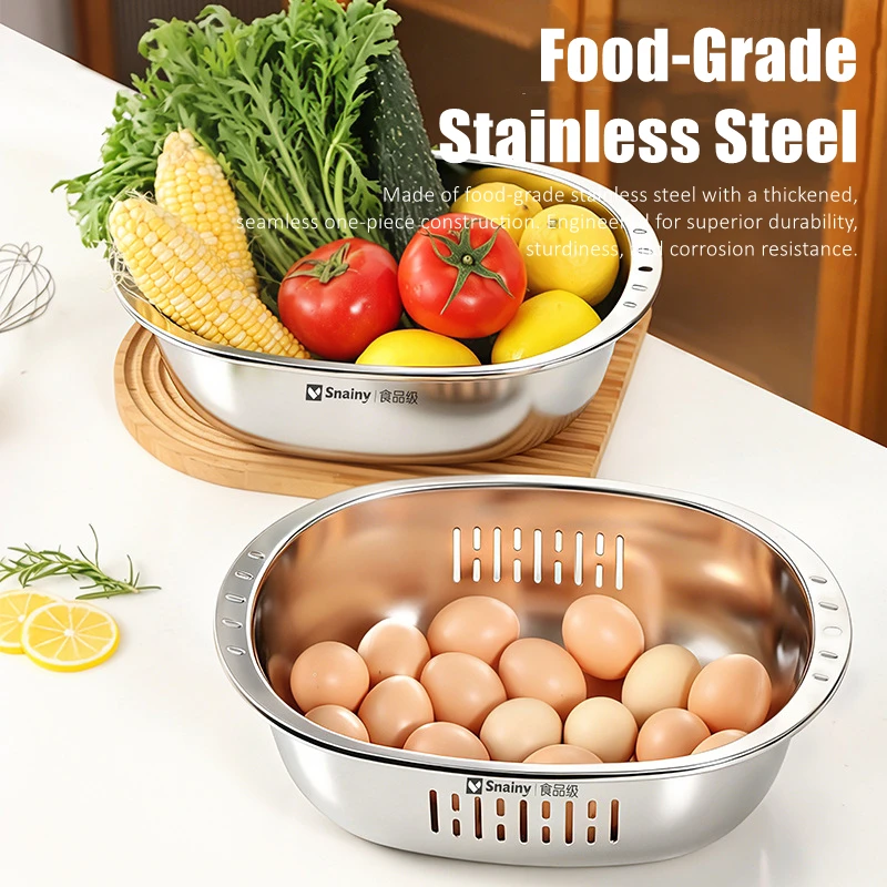 Food-grade Stainless Steel Basin and Colander Set Washing and Draining 2 in 1 Kitchen Accessories Ultrasonic Polishing Gadgets