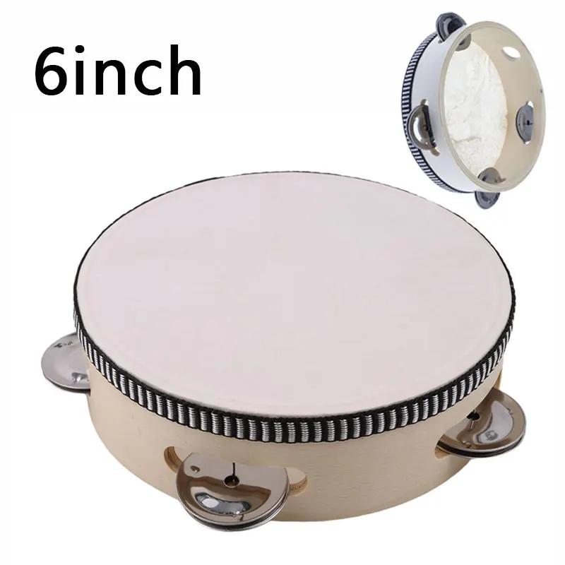 6Inch Sheep Skin Head Tambourine Drum 4 Pairs Jingles Wooden Frame Head Musical Tambourine Beat Instrument Hand Drum