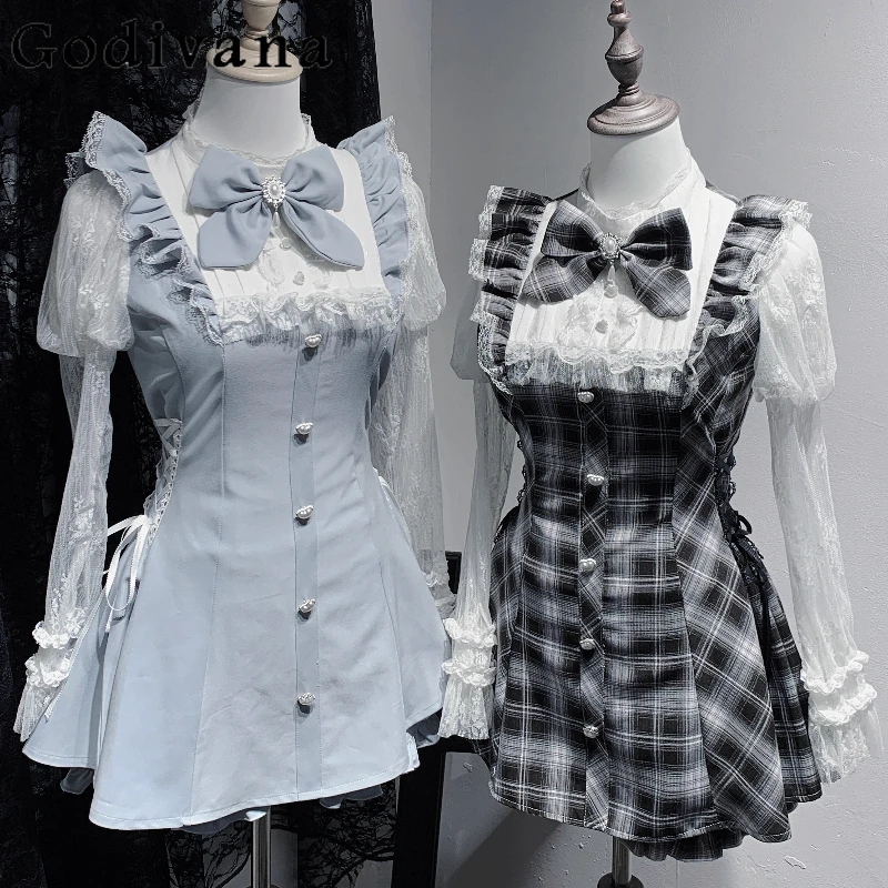 Japanese Mine Mass-produced Dress Set Spring and Autumn New 2025 Sweet Girl's Cute Bow Lace Long-sleeved Top Shorts 2-piece Set