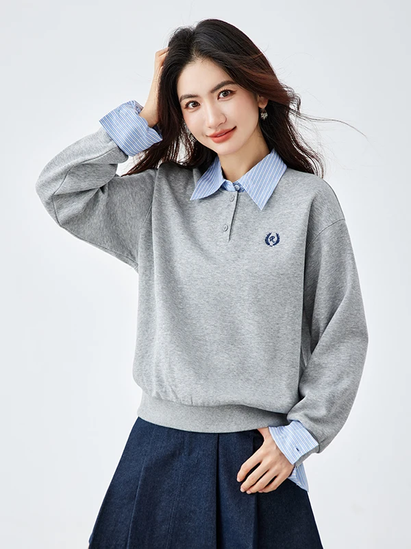 

Autumn Winter ey Fce Lined Casual Long Sve Ne Sweatirt Women's Trendy Outerwear Warm Top Fake Two-Piece