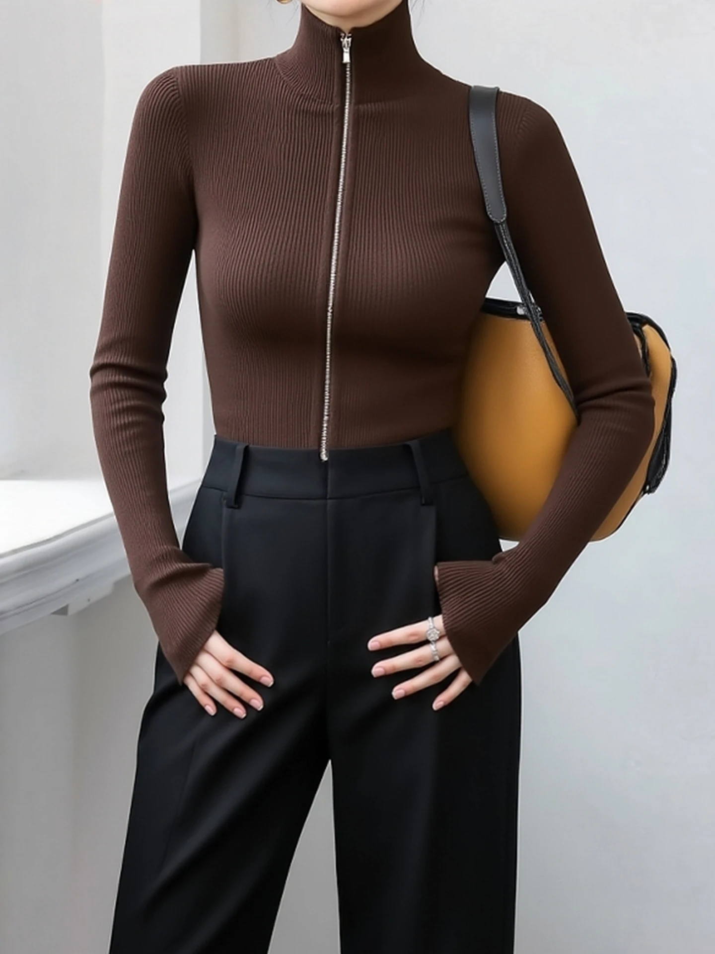 

High Collar Zipper Cardigan Long Sve Warm Color Knitted Sweater Faionable Top for Women Commute Sle Regular Fit