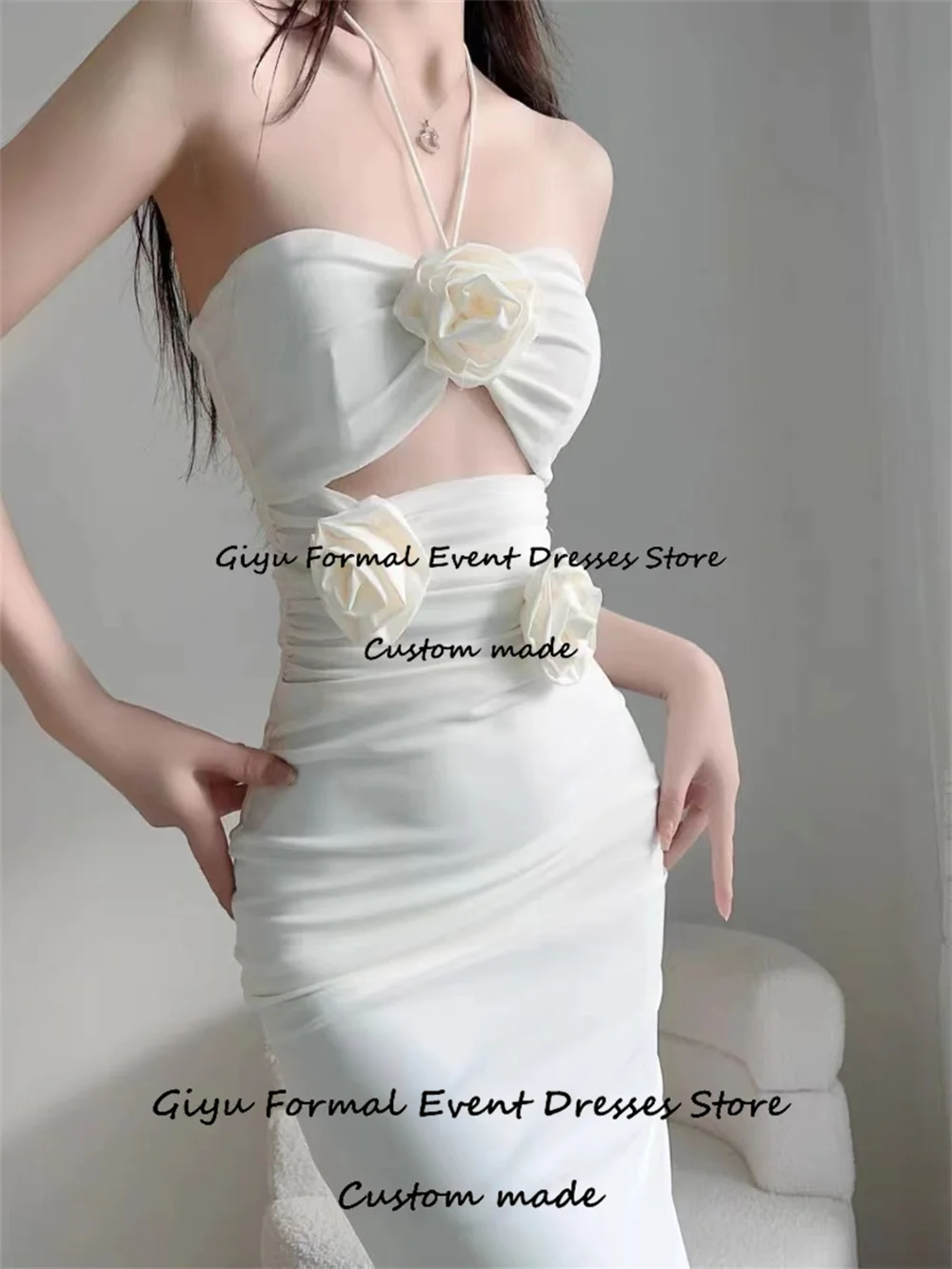 Giyu-Sexy Sereia Trompete Vestido de Noite, Seguidores 3D, Halter Tea-Length, Vestido de Casamento, Vestido Elegante, 2024