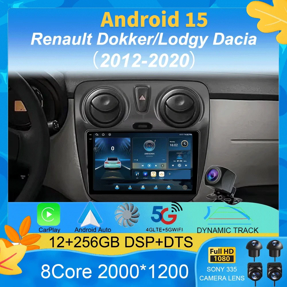 Android 15 carro para renault dokker lodgy dacia 2012 - 2020 rádio multimídia player android auto carplay unidade principal navegação gps