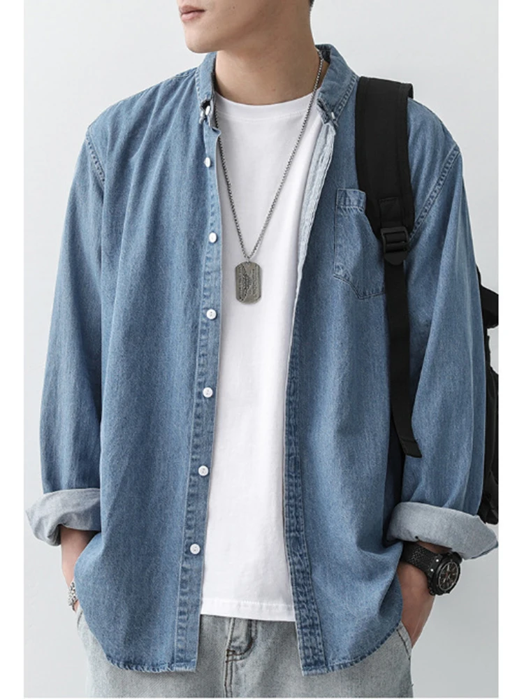 Spring Autumn Men's Denim Long Sleeve Fashion Loose Solid Business Work Shirts For Men Button-down Collar Blouses