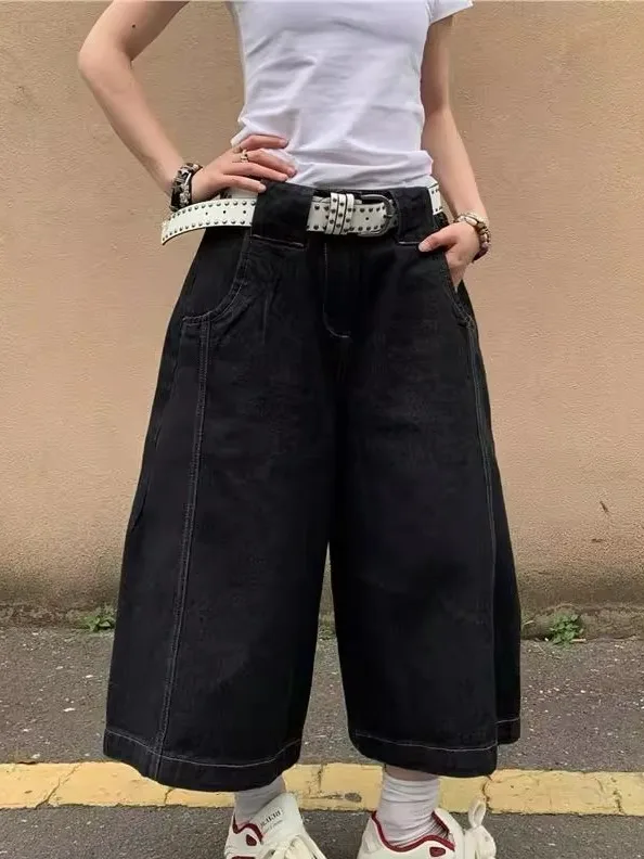 Jeans Americanos Retrô Pretos com Costura, Calças Largas para Homens e Mulheres, Shorts Casuais Soltos de Verão, Jeans de Set...
