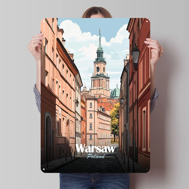 Варшава, Польша, городской пейзаж, художественный металлический плакат, винтажные металлические вывески, роскошные предметы домашнего декора, жестяная вывеска на заказ для украшения стен