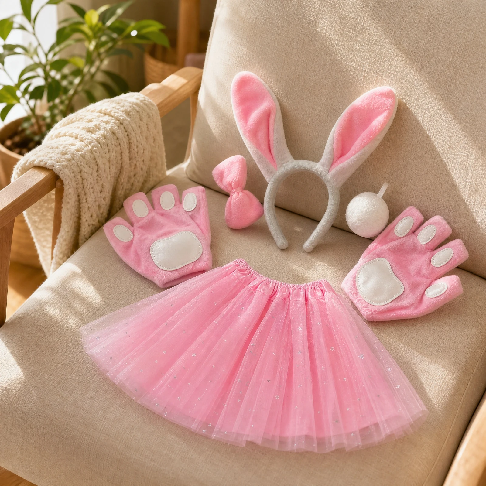 Bunny Costume with Gloves Comfortable Pink Rabbit Costume Accessory Set Bunny Ear Headband White for Children