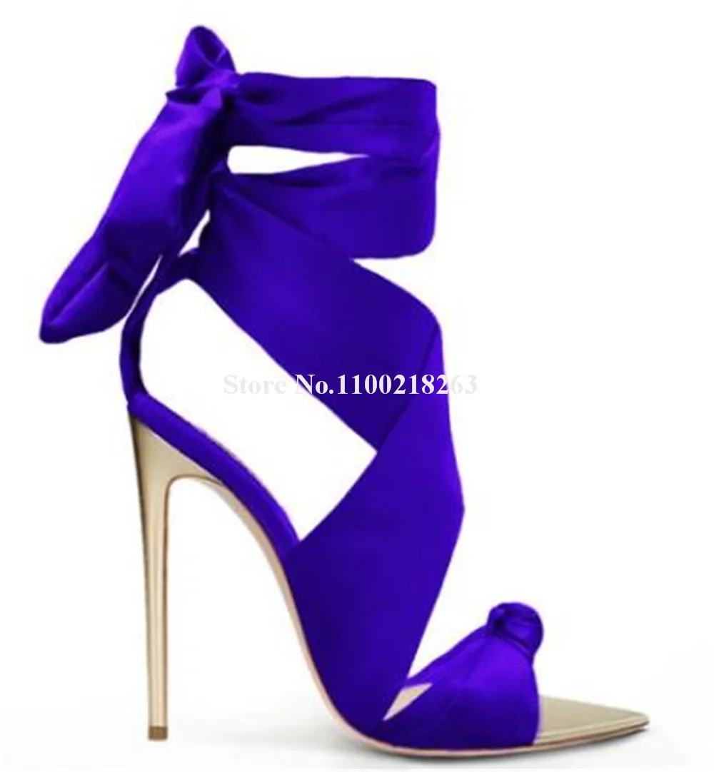 Sexy Pink Green Purple Satin Patchwork Stiletto Heel Sandals Lace-up Bowties Pointed Open Toe Stiletto Heel Ankle Straps Heels